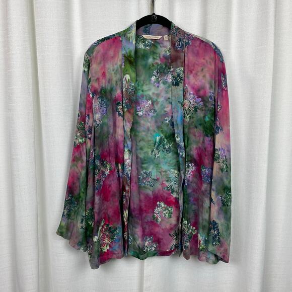 Soft Surroundings Green&Purple Tie Dye Floral Open Front Cardigan Kimono Sz.XL - Picture 2 of 12